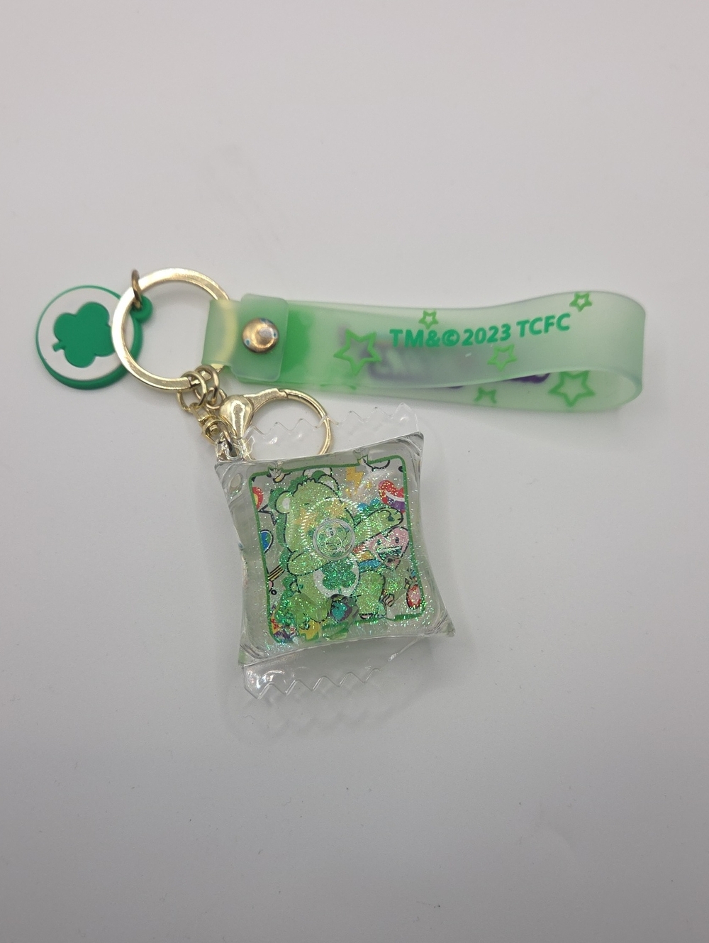 Care Bears Green Glitter Silicone Phone Strap Keychain- Chipped On End